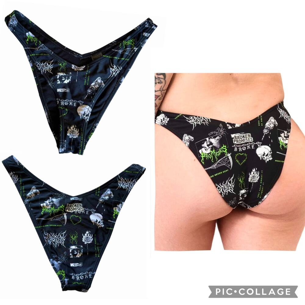 Broken Promises Undead Skull Rose print High-Leg Edgy Bikini Bottoms Size Large